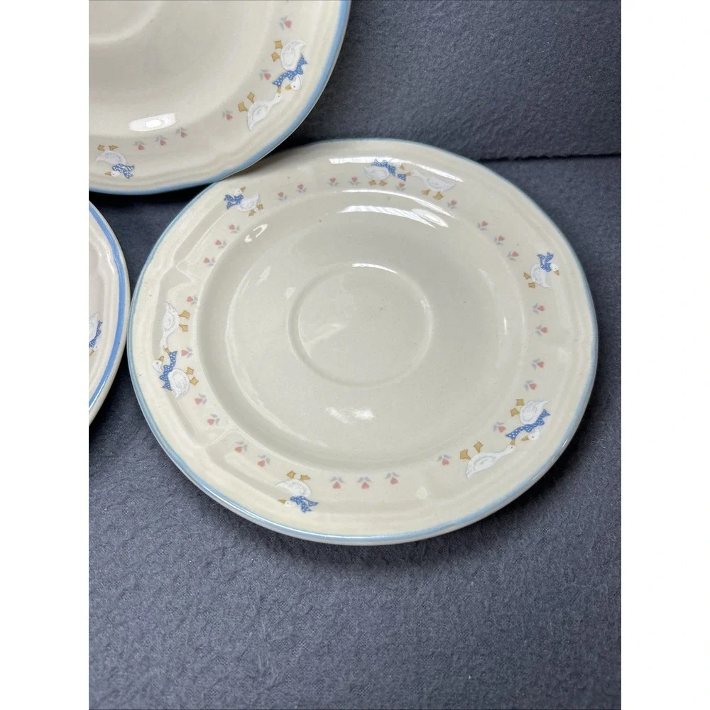 Aunt Rhody Goose Saucers Set of 3 Blue Bow Farmhouse Stoneware‎
